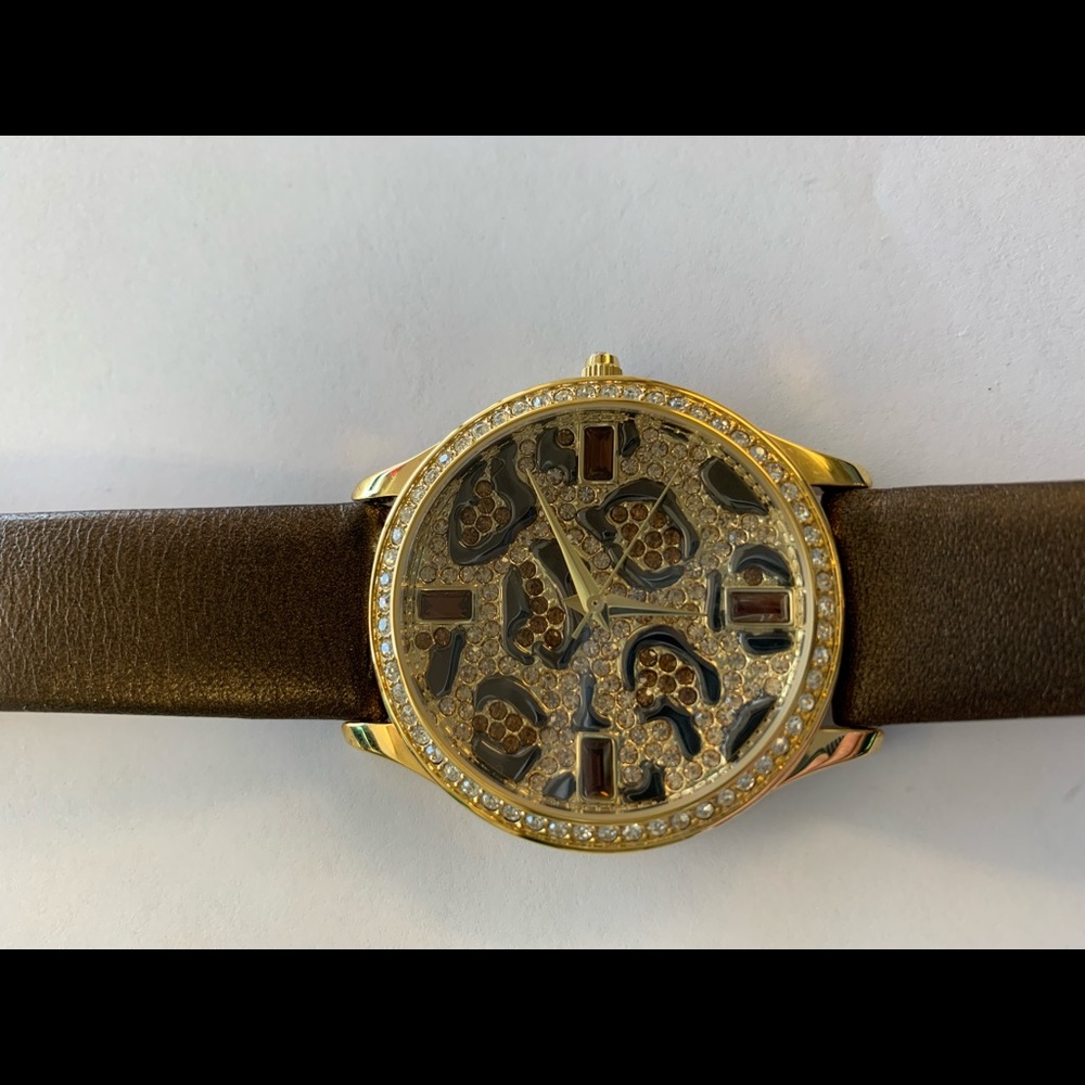 New Adrienne Jeweled Leopard Watch Leather Band